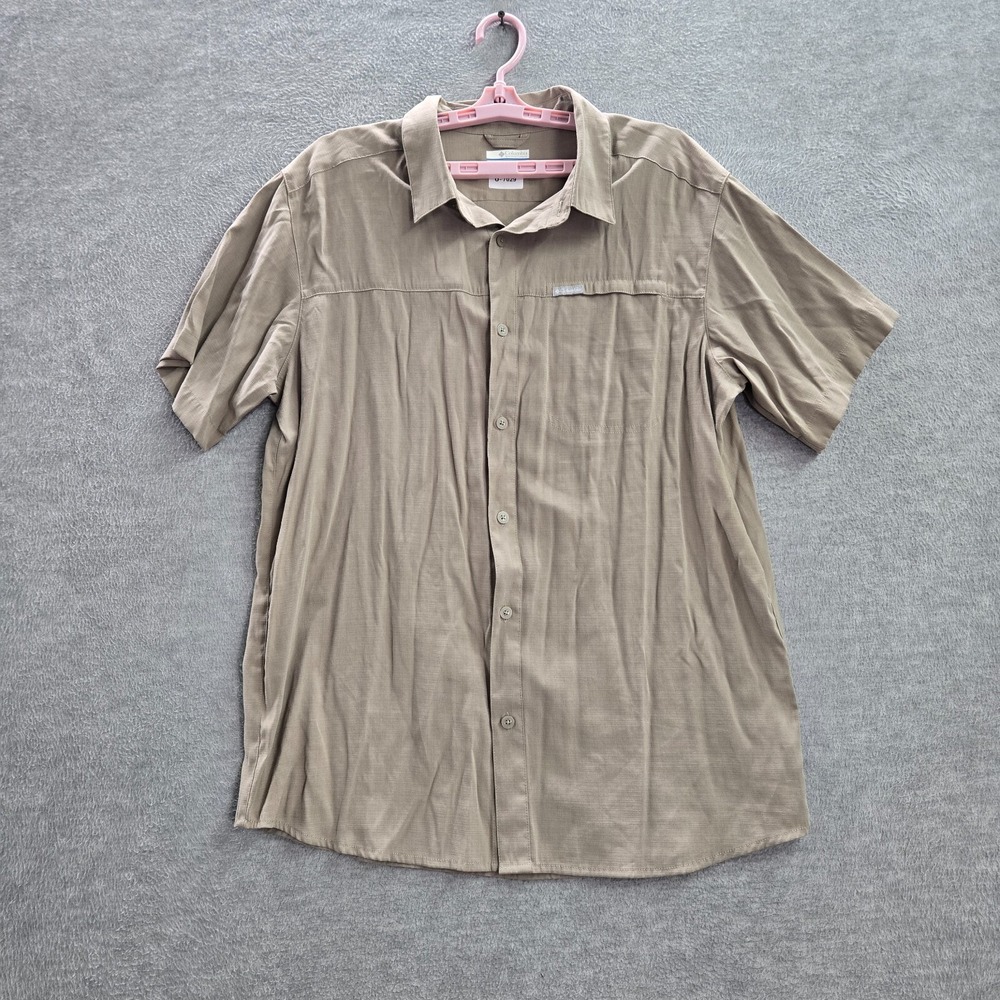 Columbia Men Button Up Shirt Large Brown Pocket Short Sleeve Collar Polyester